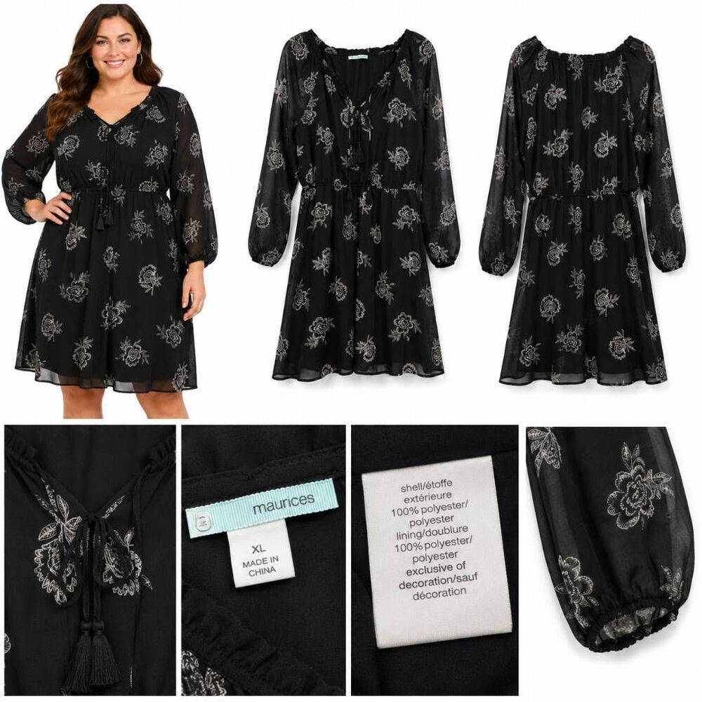 Maurices Black Floral Chiffon Dress XL Long Sleeve Boho